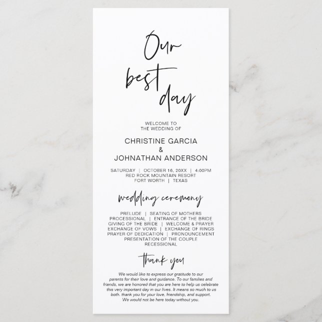 Our Best Day, Modern Minimalist Wedding Program Programme (Front)