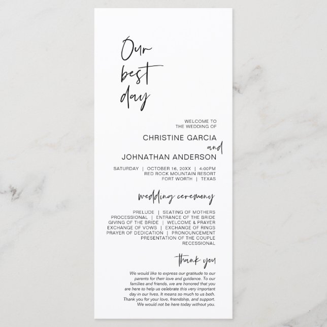 Our best day, Modern Minimalist Wedding Program Programme (Front)