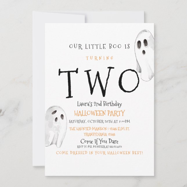 Our Boo is Two, Cute Ghost Halloween Invitation (Front)