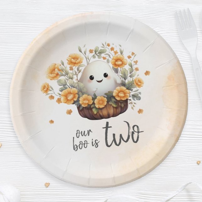 Our Boo is Two Ghost Birthday Paper Plate (Add a touch of cuteness to your Halloween birthday celebration with this adorable ghost design.)