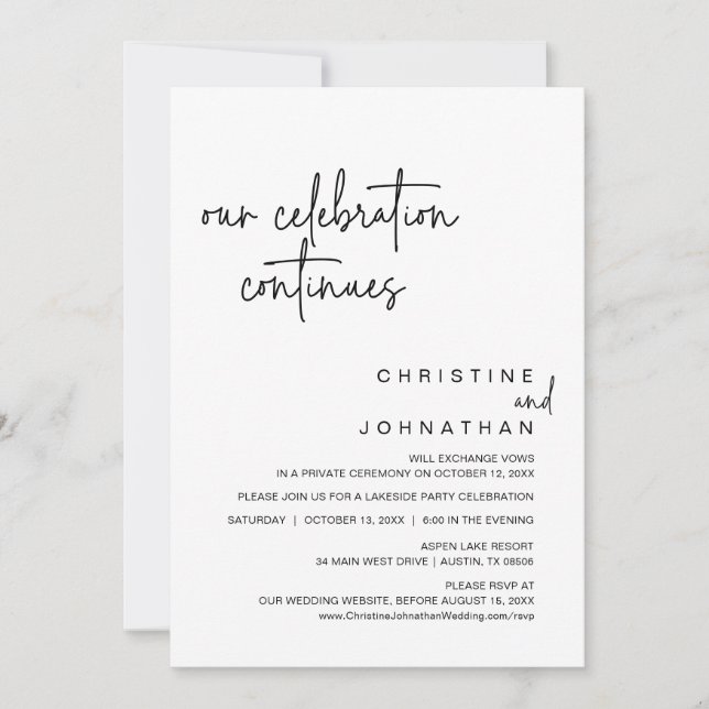 Our Celebration Continues, Wedding Elopement Party Invitation (Front)