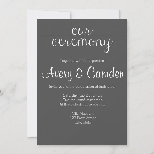 Our Ceremony Script Wedding Invitation- Charcoal Invitation (Front)