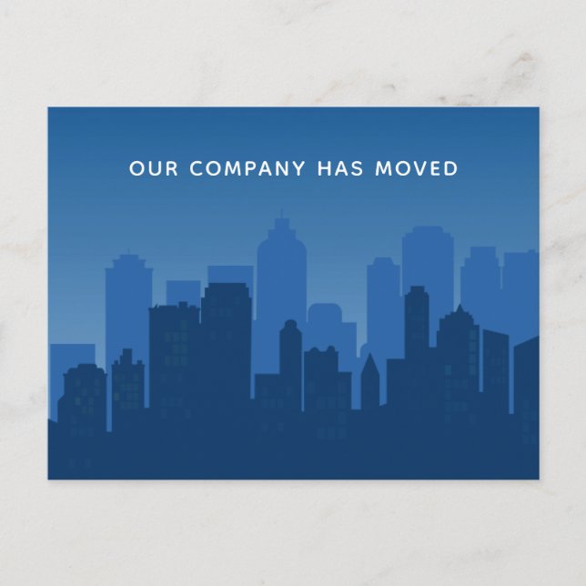 Our Company Has Moved Blue Business Skyline Moving Postcard (Front)