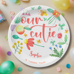 Our cutie is... floral kids birthday paper plate