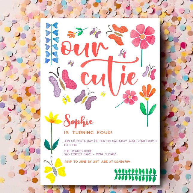 Our cutie is... floral kids birthday party invitation (Creator Uploaded)