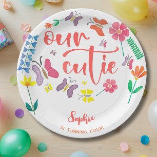 Our cutie is... floral kids birthday party paper plate