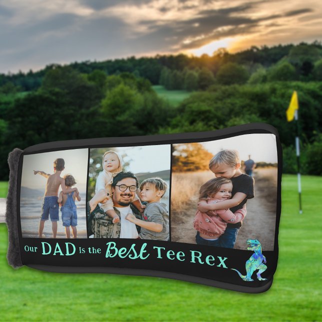 Our Dad is The Best Tee Rex 3 Photo Collage Golf Head Cover (Our dad is the best tee Rex custom 3 photo collage golf head cover funny dinosaur theme dad golfing )
