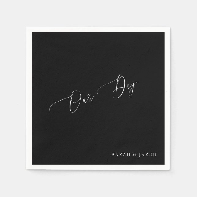 Our Day Custom B/W Wedding Cocktail Napkin (Front)