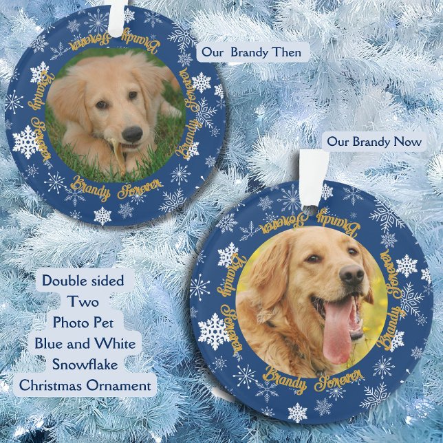 Our Dog Then and Now 2 Photo Custom Holiday Ornament (Your dog Then and Now double sided Christmas Ornament Blue and White Snowflake theme )