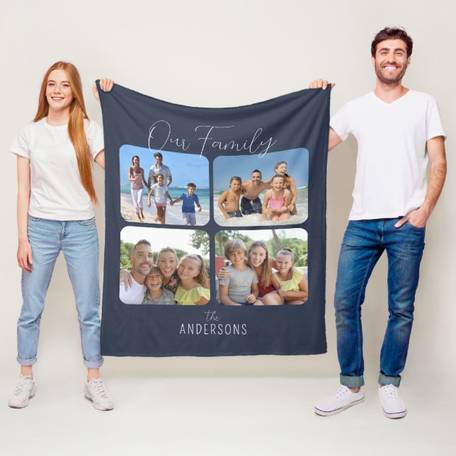 Our Family Calligraphy Script 4 Photos Blue Fleece Blanket (In Situ)