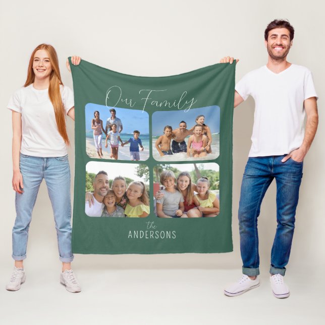 Our Family Calligraphy Script 4 Photos Green Fleece Blanket (In Situ)