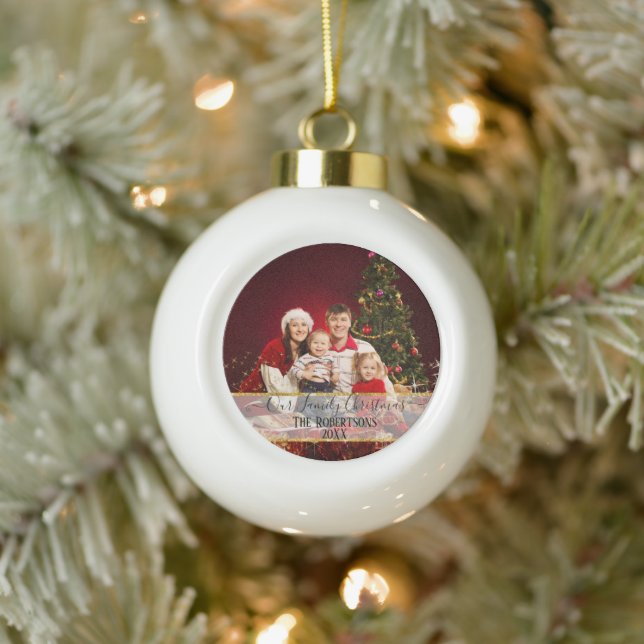 Our Family Christmas Photo Twinkling Gold Glitter Ceramic Ball Christmas Ornament (Tree)