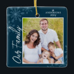 Our Family Handwriting Photo Blue Christmas Ceramic Ornament<br><div class="desc">This square Christmas ornament is a perfect gift for any family. The design features a photo frame with handwritten text "Our Family" and is accented with light blue snowflakes on a dark blue background. Personalize with your favorite family photo,  name and year.</div>