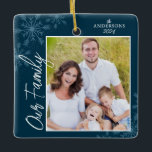 Our Family Handwriting Photo Blue Christmas Ceramic Ornament<br><div class="desc">This square Christmas ornament is a perfect gift for any family. The design features a photo frame with handwritten text "Our Family" and is accented with light blue snowflakes on a dark blue background. Personalize with your favorite family photo,  name and year.</div>