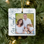 Our Family Handwriting Photo Christmas Ceramic Ornament<br><div class="desc">This square Christmas ornament is a perfect keepsake gift for any family. The design features a photo frame with handwritten text "Our Family" and is accented with light blue snowflakes. Personalize with your favorite family photo,  name and year.</div>