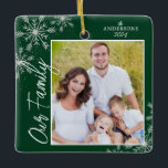 Our Family Handwriting Photo Green Christmas Ceramic Ornament<br><div class="desc">This square Christmas ornament is a perfect gift for any family. The design features a photo frame with handwritten text "Our Family" and is accented with light gray snowflakes on a dark green background. Personalize with your favorite family photo,  name and year.</div>