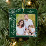 Our Family Handwriting Photo Green Christmas Ceramic Ornament<br><div class="desc">This square Christmas ornament is a perfect gift for any family. The design features a photo frame with handwritten text "Our Family" and is accented with light gray snowflakes on a dark green background. Personalize with your favorite family photo,  name and year.</div>