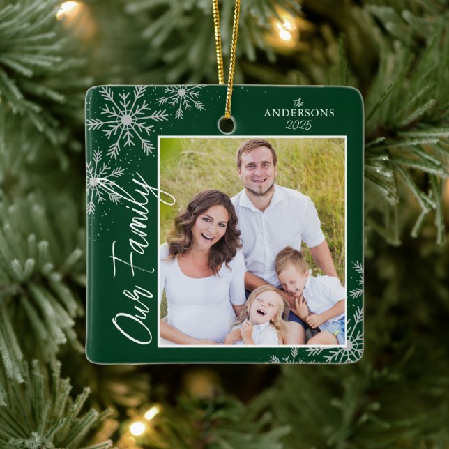 Our Family Handwriting Photo Green Christmas Ceramic Ornament (Tree)