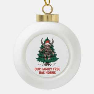 Our Family Tree Has Horns Funny Krampus Spooky Ceramic Ball Christmas Ornament