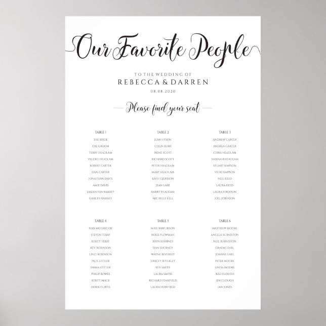 Our favorite People Wedding Seating Chart 6 Tables (Front)