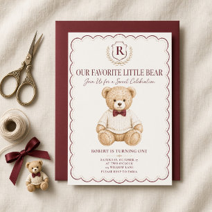 Our Favourite Little Bear Burgundy Bow First Invitation