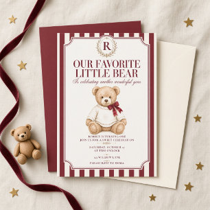 Our Favourite Little Bear Burgundy Bow First Invitation