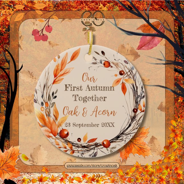 Our First Autumn Together: Name & Date Fall Wreath Ceramic Tree Decoration (Our First Autumn Together: Name and Date Fall Wreath Circle Ceramic Ornament Front)