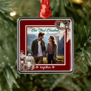 Our First Christmas 1 Photo Snow Pine Cones Metal Tree Decoration