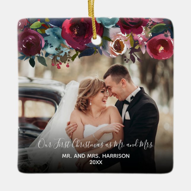 Our First Christmas 2 Photo Burgundy Floral Ceramic Ornament (Front)