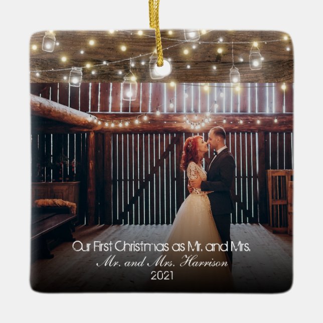 Our First Christmas 2 Photo Newlyweds Lights Ceramic Ornament (Front)