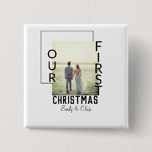 Our First Christmas add couple name photo minimal 15 Cm Square Badge