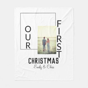 Our First Christmas add couple name photo minimal Fleece Blanket