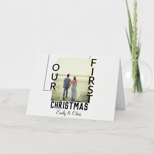 Our First Christmas add couple name photo minimal Foil Holiday Card