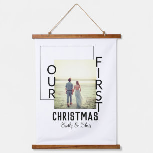Our First Christmas add couple name photo minimal  Hanging Tapestry