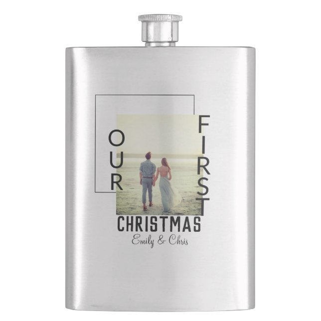 Our First Christmas add couple name photo minimal  Hip Flask (Front)
