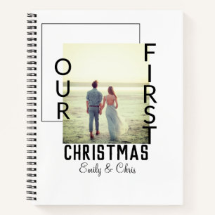 Our First Christmas add couple name photo minimal  Notebook