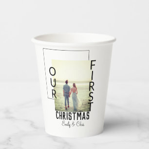 Our First Christmas add couple name photo minimal Paper Cups