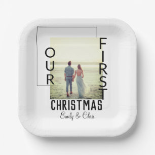 Our First Christmas add couple name photo minimal  Paper Plate