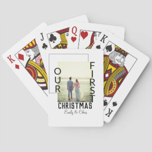 Our First Christmas add couple name photo minimal  Playing Cards