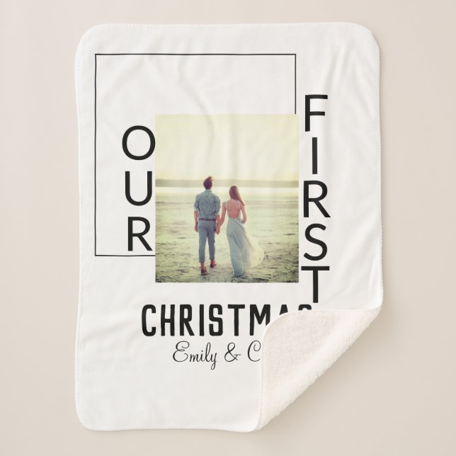 Our First Christmas add couple name photo minimal  Sherpa Blanket (Front)