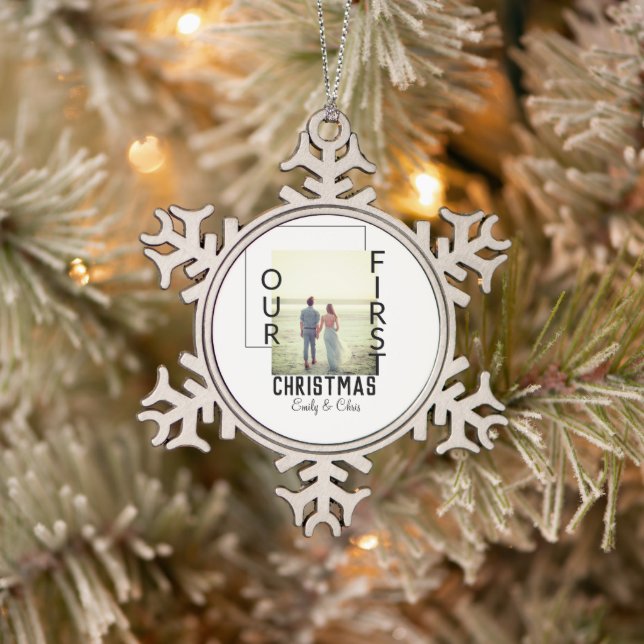 Our First Christmas add couple name photo minimal  Snowflake Pewter Christmas Ornament (Tree)