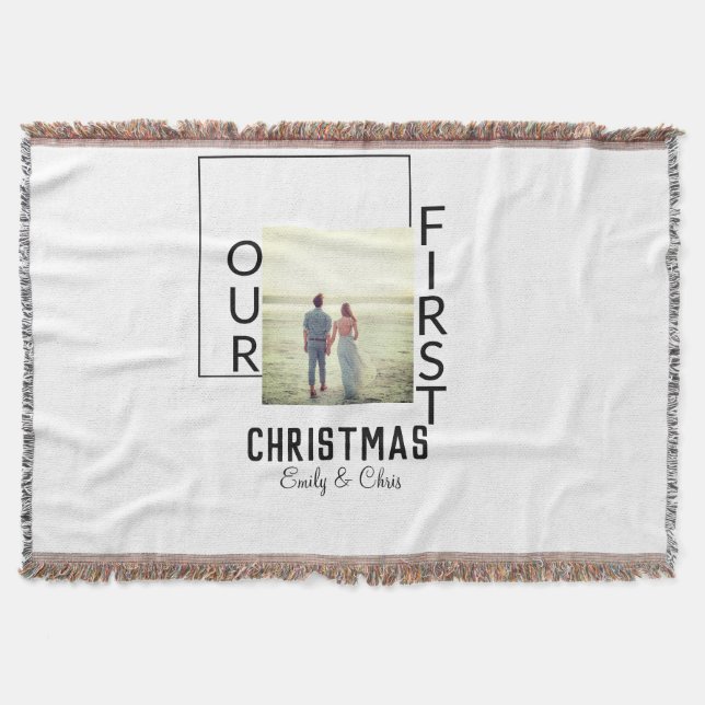 Our First Christmas add couple name photo minimal  Throw Blanket (Front)