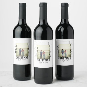 Our First Christmas add couple name photo minimal Wine Label