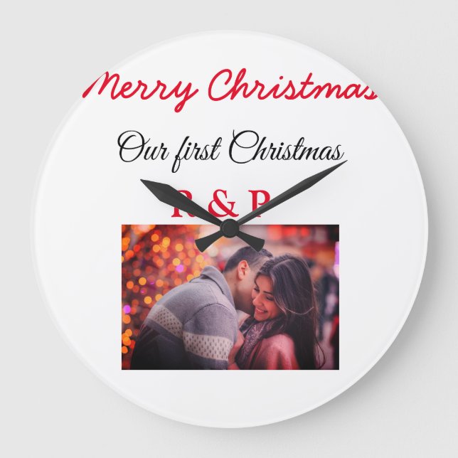 Our first Christmas add name photo wedding engaged Large Clock (Front)