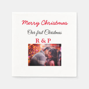 Our first Christmas add name photo wedding engaged Napkin