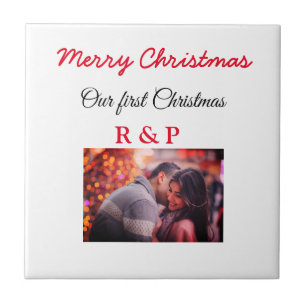 Our first Christmas add name photo wedding engaged Tile