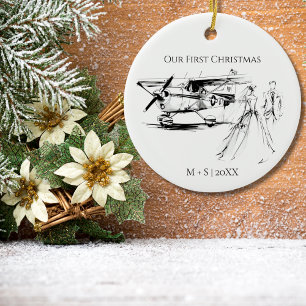Our First Christmas Aeroplane Wedding Couple Photo Ceramic Tree Decoration