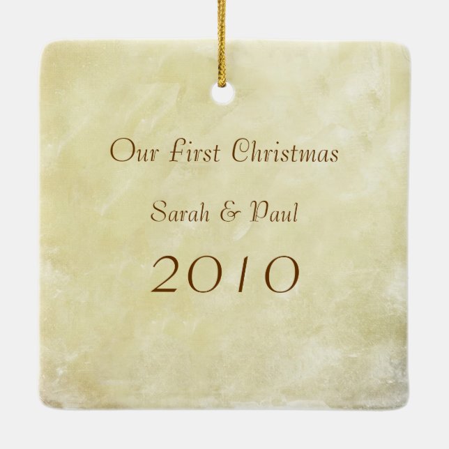 Our First Christmas Aged Parchment Photo Ornament (Back)