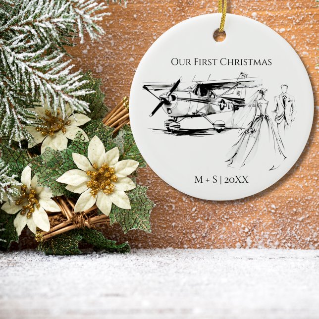 Our First Christmas Airplane Wedding Couple Photo Ceramic Tree Decoration (Creator Uploaded)