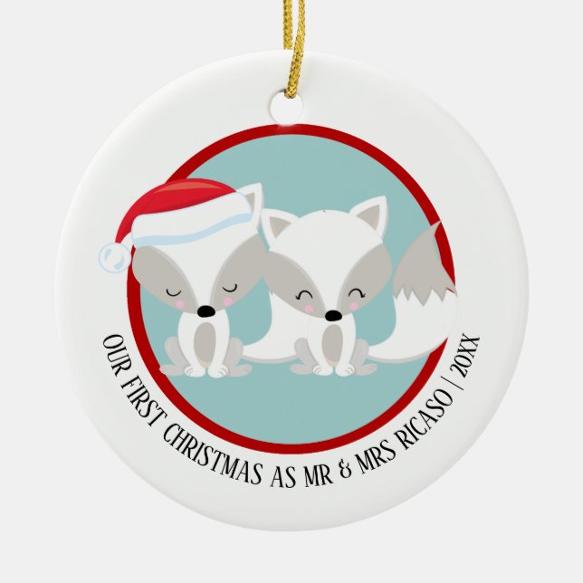Our First Christmas Arctic Foxes Personalised Ceramic Tree Decoration (Front)